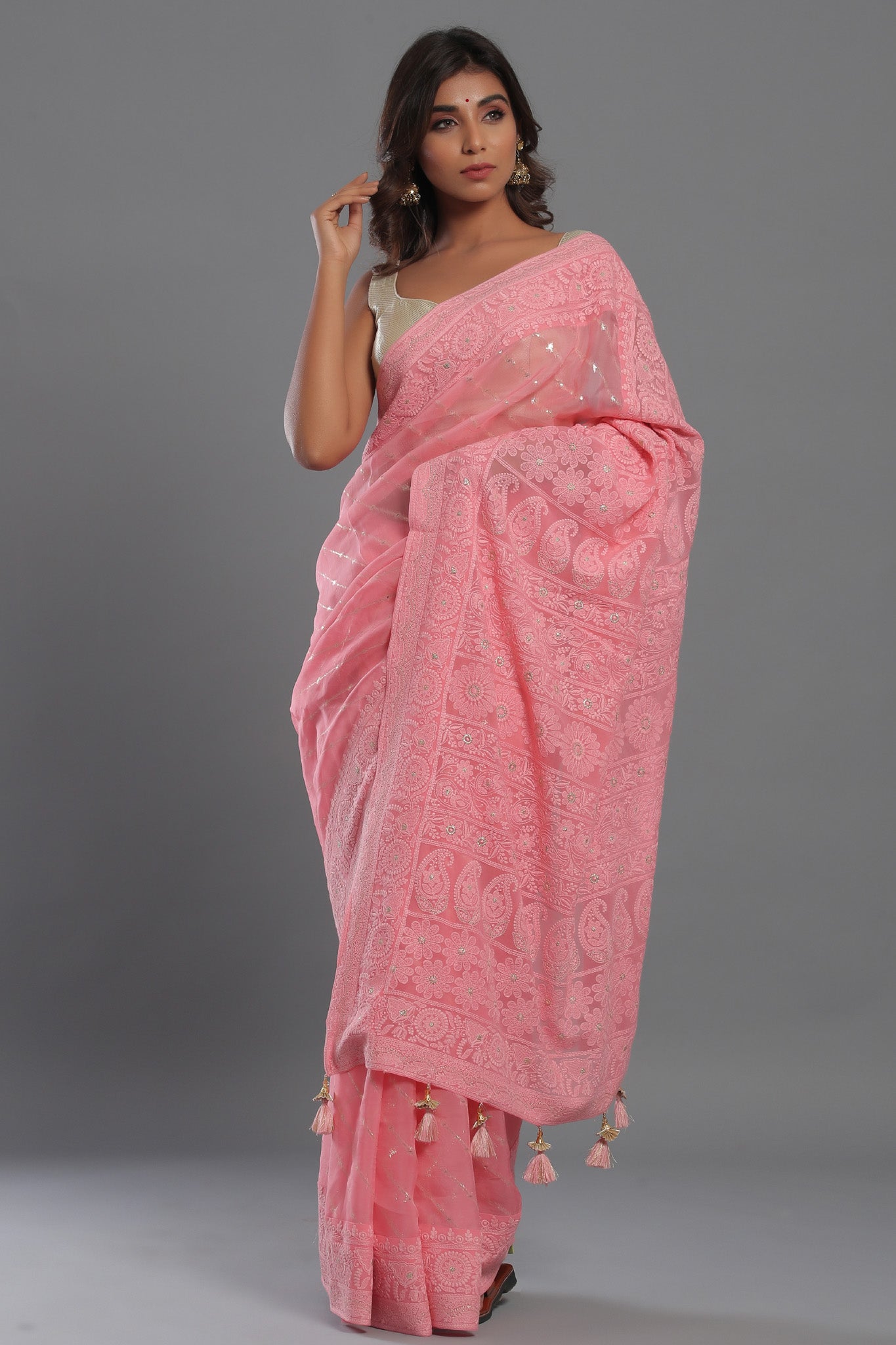 Shop Pink Foil Printed Net N Georgette Saree Party Wear Online at Best  Price | Cbazaar