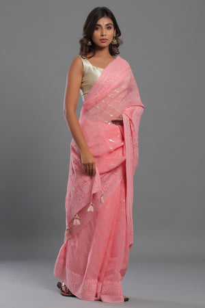 Green and Light Pink Bandhani Georgette Saree and Blouse.