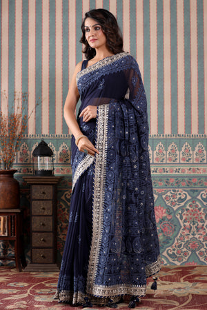 Net Embroidery Saree In Navy Blue Colour - SR4690433