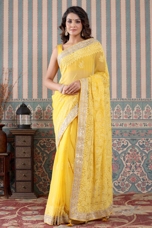 Buy Lucknowi Chikan Saree (W/B-Georgette) 12394 | www.maanacreation.com