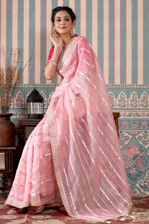 Shop Light Pink Organza Silk Saree Online in USA with Embroidered