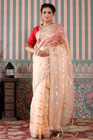 Look Pretty Wearing Lovely Designer Ready To Wear Peach Color Saree –  Fashionfy