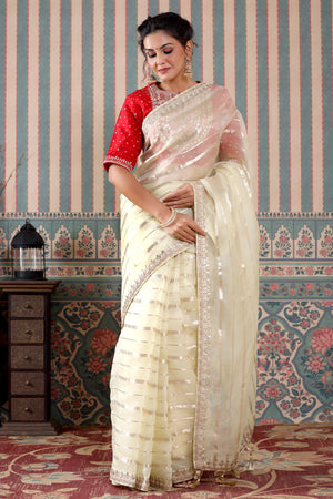 White Jamdani Saree With Red Blouse For Sale In Canada