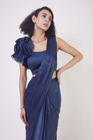 Blue Ruffle Pre-Draped Saree – House Of Exotique