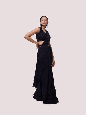 90Z865-RO Black Georgette Pre Stiched Saree Set