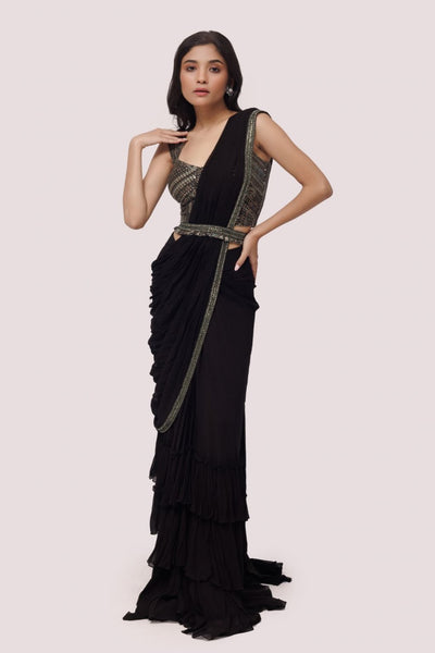 Two Sister's Black Ruffle Saree With Sequin Shimmer Blouse - Rent