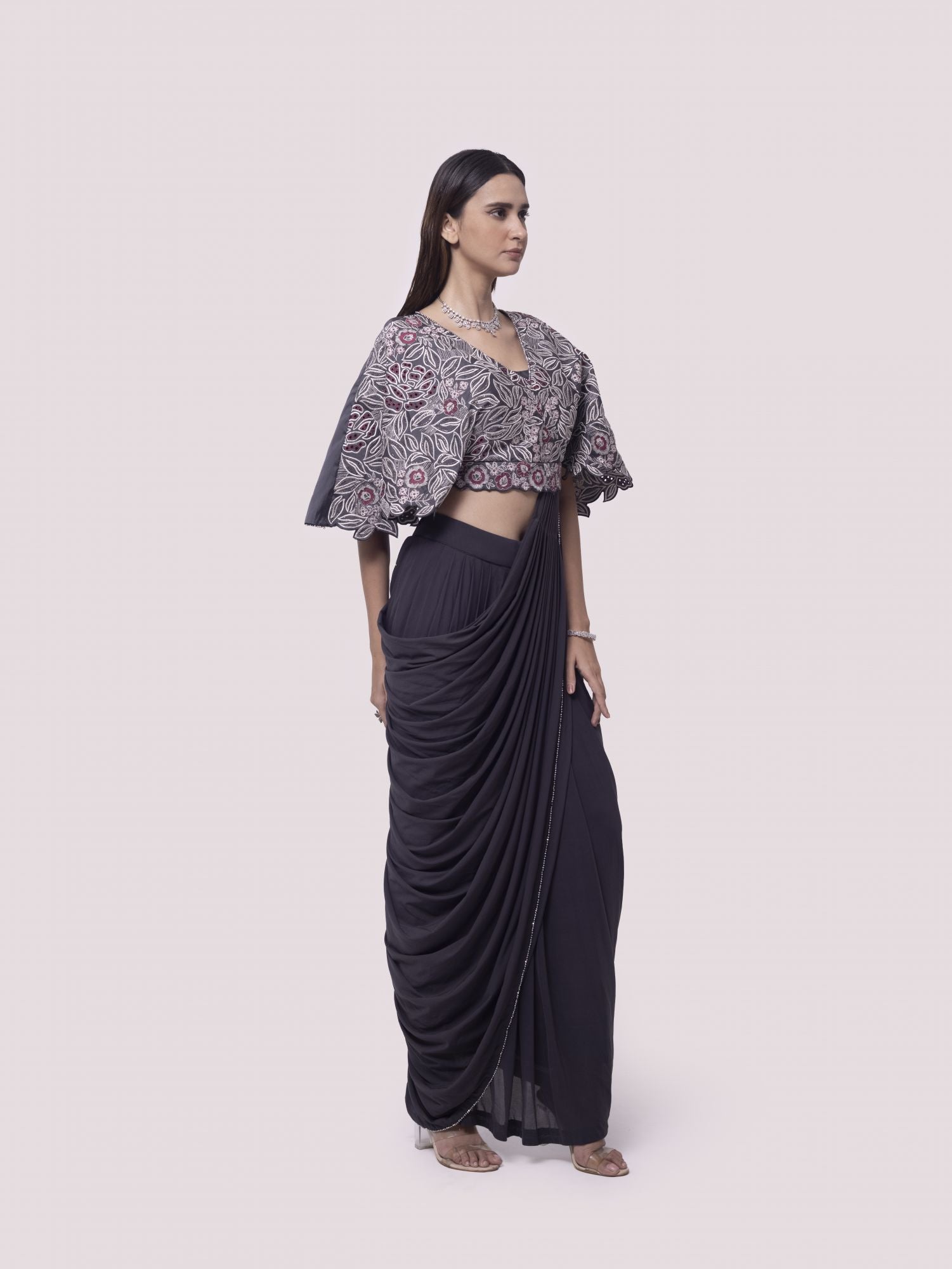 Shop Grey Pre Stiched Saree Set With Flared Blouse Online in USA