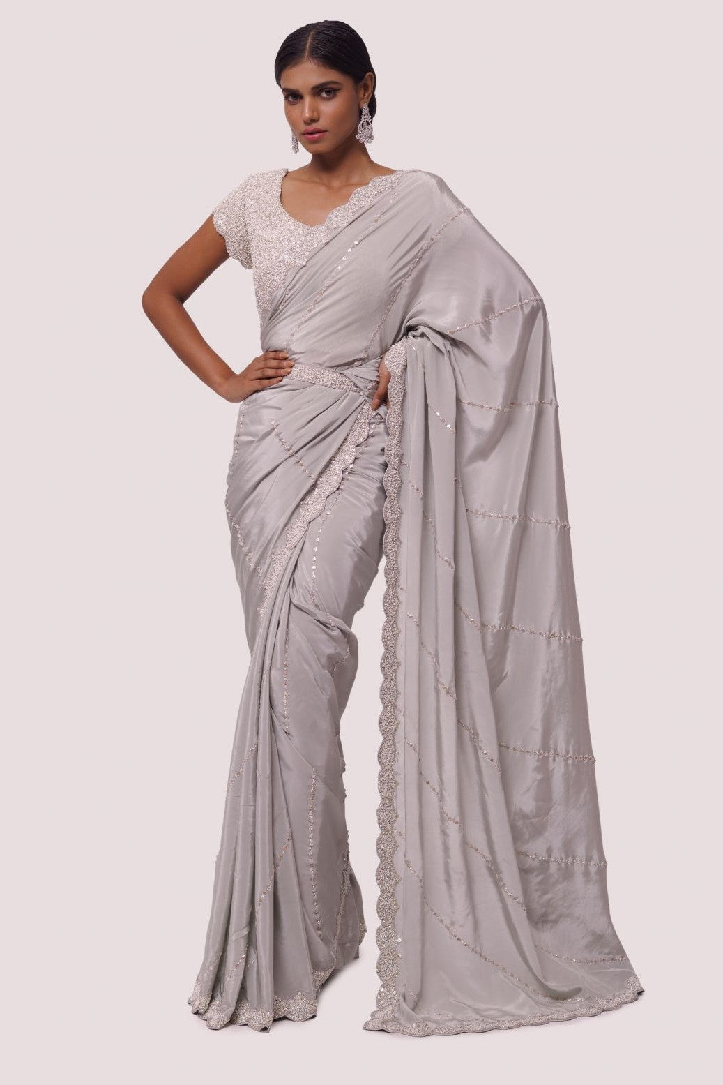 White Georgette Embroidered Contemporary Saree for Engagement