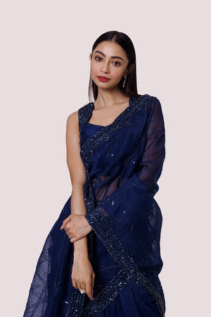 Buy Navy Blue Organza Saree with Golden Embroidered Cut Work Online in USA  – Pure Elegance