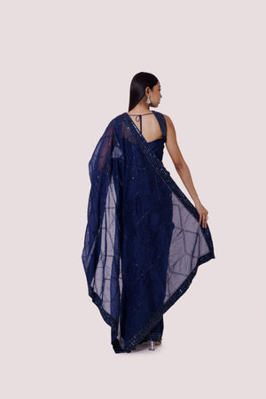 90Z972-RO Navy Blue Organza Saree With Sleevelss Blouse