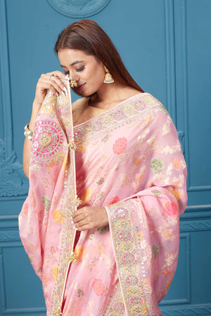 Light Pink Soft Silk Saree With Embroidered Border, Dupion Silk & Net –  paanericlothing