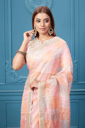 Peach Orange Hand Woven Organza Tissue Silk Saree –