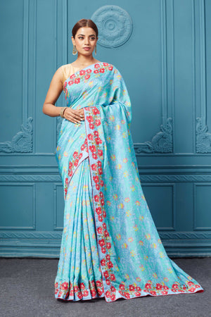 Designer Silk Zari Weaving Work Beige And Sky Blue Saree – tapee.in