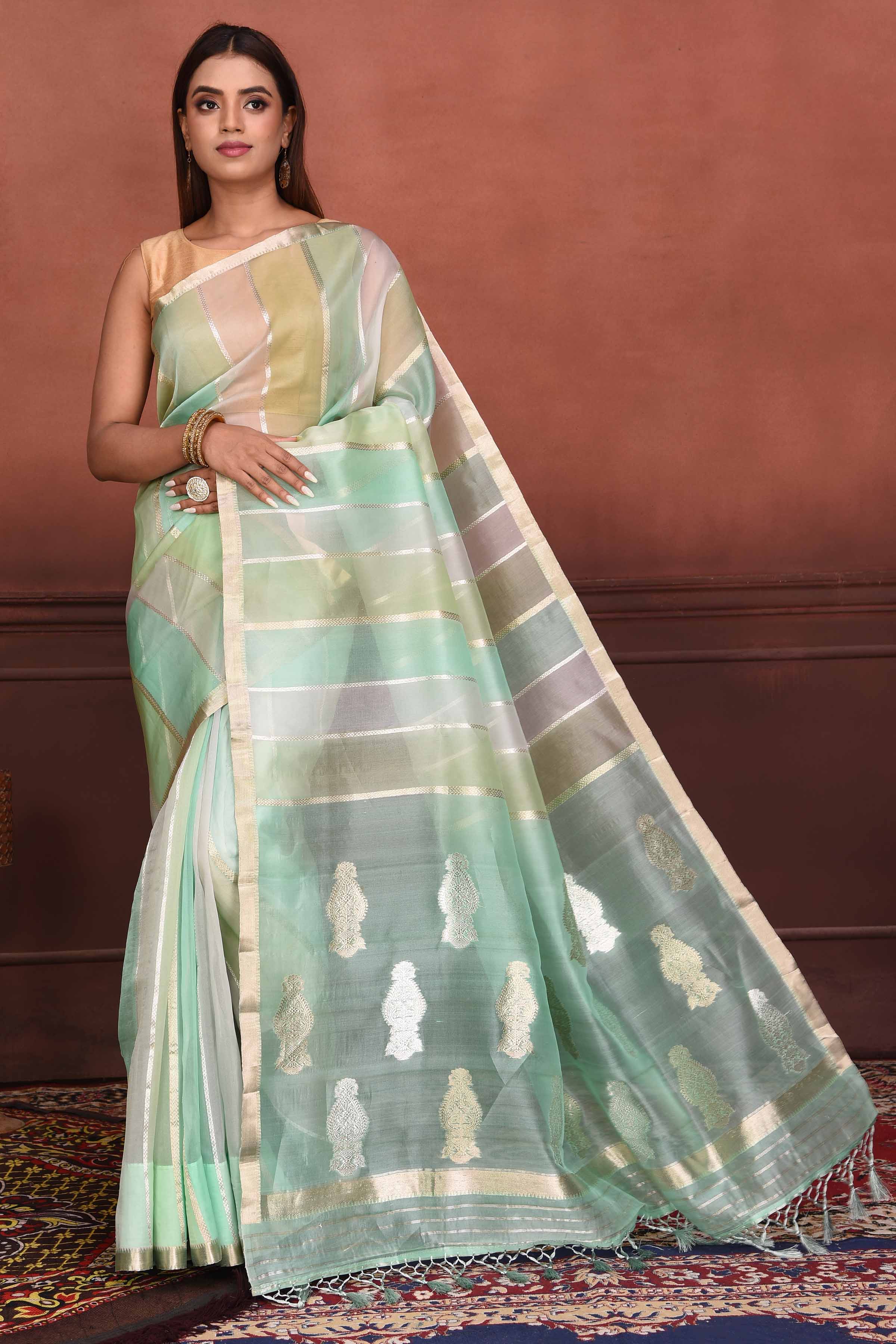 Buy Pastel Grey Gota Embroidered Tissue Organza Saree Online | Samyakk