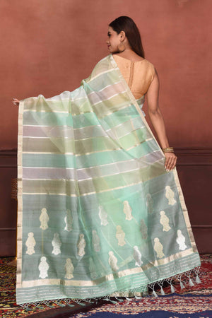 Buy pastel green and zari stripes organza Banarasi saree online in USA. Look your best on festive occasions in latest designer sarees, pure silk sarees, Kanchipuram silk sarees, handwoven sarees, tussar silk sarees, embroidered sarees from Pure Elegance Indian clothing store in USA.-back