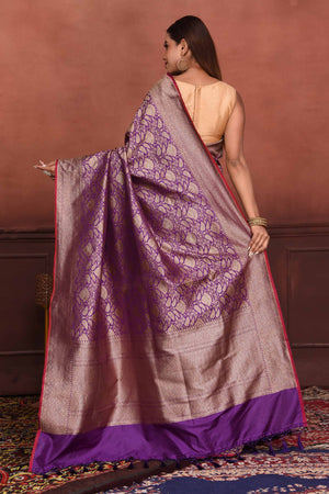 Pure Georgette Viscose Silk Saree Purple Color With Embroidery Work -  Bridal Banarasi Saree - Saree