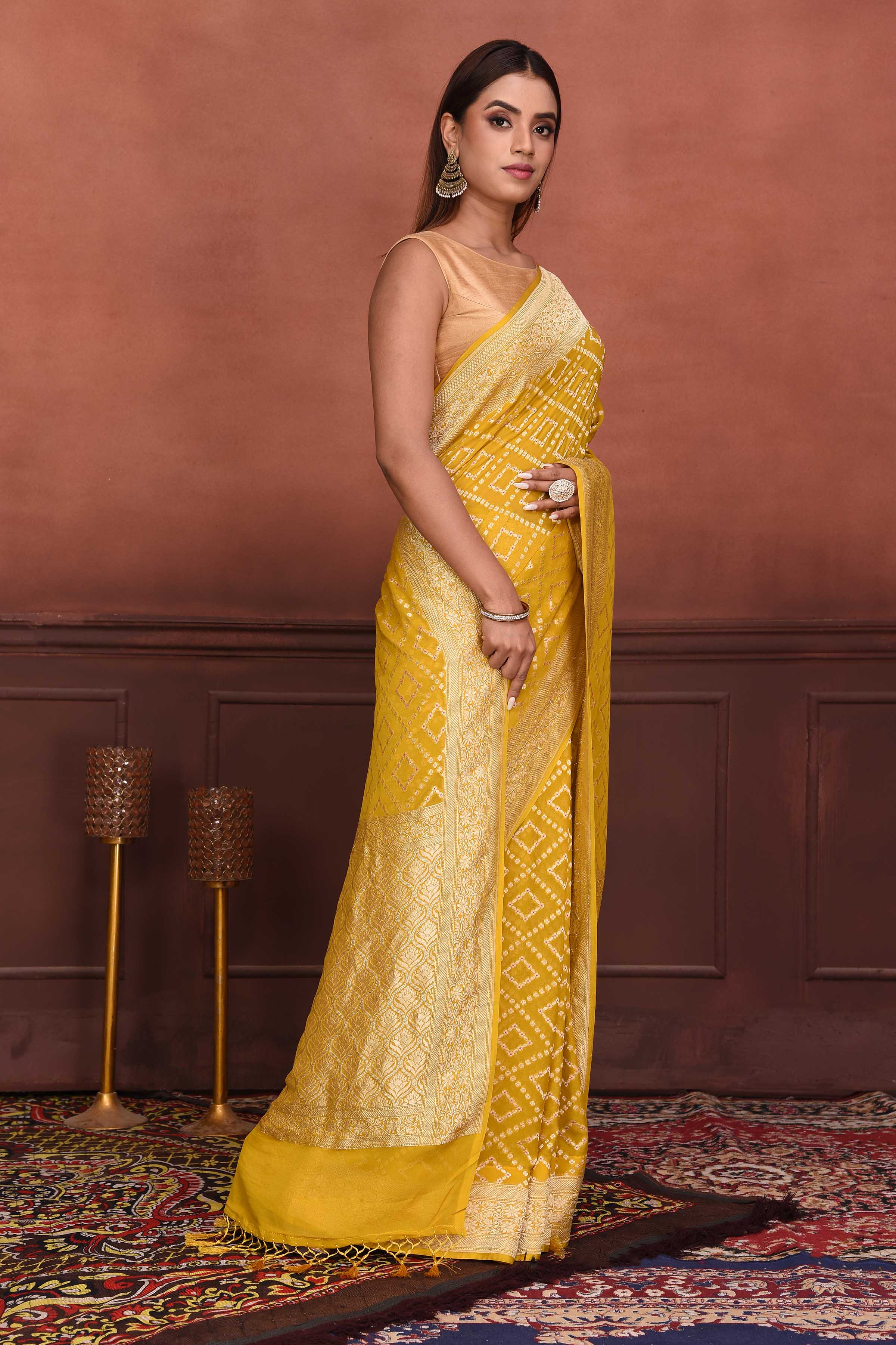 AWRIYA Presents MANGO yellow colour saree with woven work on jacquard  fabric zari_woven designer banarasi-sarees with Blouse piece