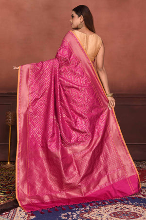 Shop beautiful pink Katan silk Banarasi saree online in USA with zari work. Look your best on festive occasions in latest designer sarees, pure silk saris, Kanchipuram silk sarees, handwoven sarees, tussar silk sarees, embroidered saris from Pure Elegance Indian clothing store in USA.-back