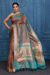 Shop blue and brown Tanchoi silk Banarasi saree online in USA with zari border. Look your best on festive occasions in latest designer sarees, pure silk saris, Kanchipuram silk sarees, handwoven sarees, tussar silk sarees, embroidered saris from Pure Elegance Indian clothing store in USA.-full view