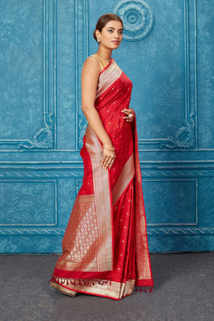 Cherry Red Banarasi Saree with Minimalistic Resham Border | SILK MARK –  Shobitam