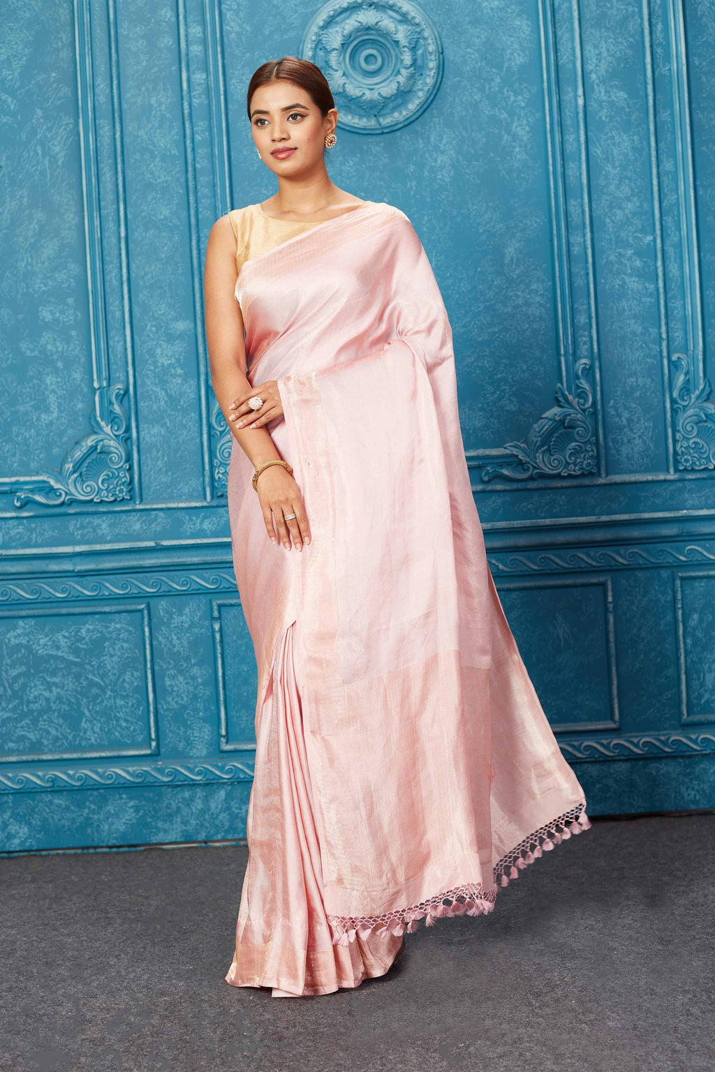 Buy beautiful powder pink Banarasi silk sari online in USA. Keep your ethnic wardrobe up to date with latest designer sarees, pure silk sarees, Kanchipuram silk sarees, handwoven sarees, tussar silk sarees, embroidered sarees from Pure Elegance Indian saree store in USA.-full view