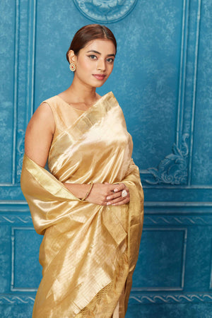 Buy Blue BlockPrinted Handwoven Linen Zari Saree | NEW – Chidiyaa