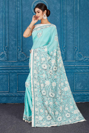 Buy online Women's Solid Aqua Blue Colored Saree With Blouse from ethnic  wear for Women by Sidhidata Textile for ₹629 at 69% off | 2024 Limeroad.com