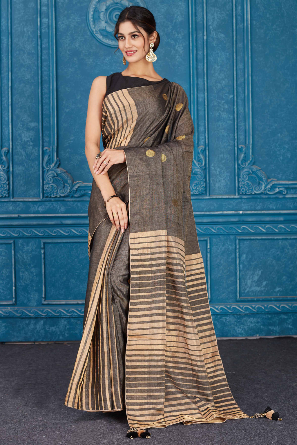 Shop grey and beige tissue silk sari online in USA with zari buta. Look your best on festive occasions in latest designer sarees, pure silk saris, Kanchipuram silk sarees, handwoven sarees, tussar silk sarees, embroidered saris from Pure Elegance Indian clothing store in USA.-full view