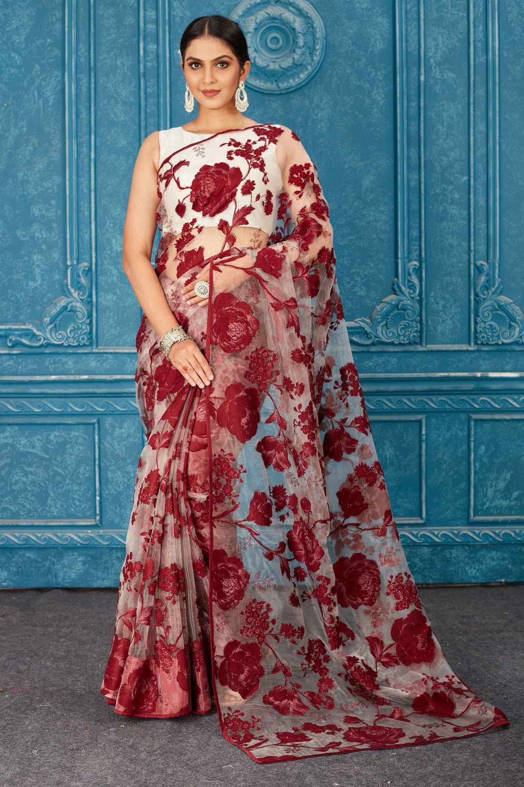 Buy beautiful red tissue silk saree online in USA with embrose and stone work. Radiate glam at parties in dazzling designer sarees, party sarees, embroidered sarees, sequin work sarees, Bollywood sarees, handloom sarees from Pure Elegance Indian saree store in USA.-full view