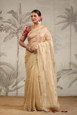 Shop Golden Tissue Silk Saree Online in USA with Red Embroidered Blouse –  Pure Elegance