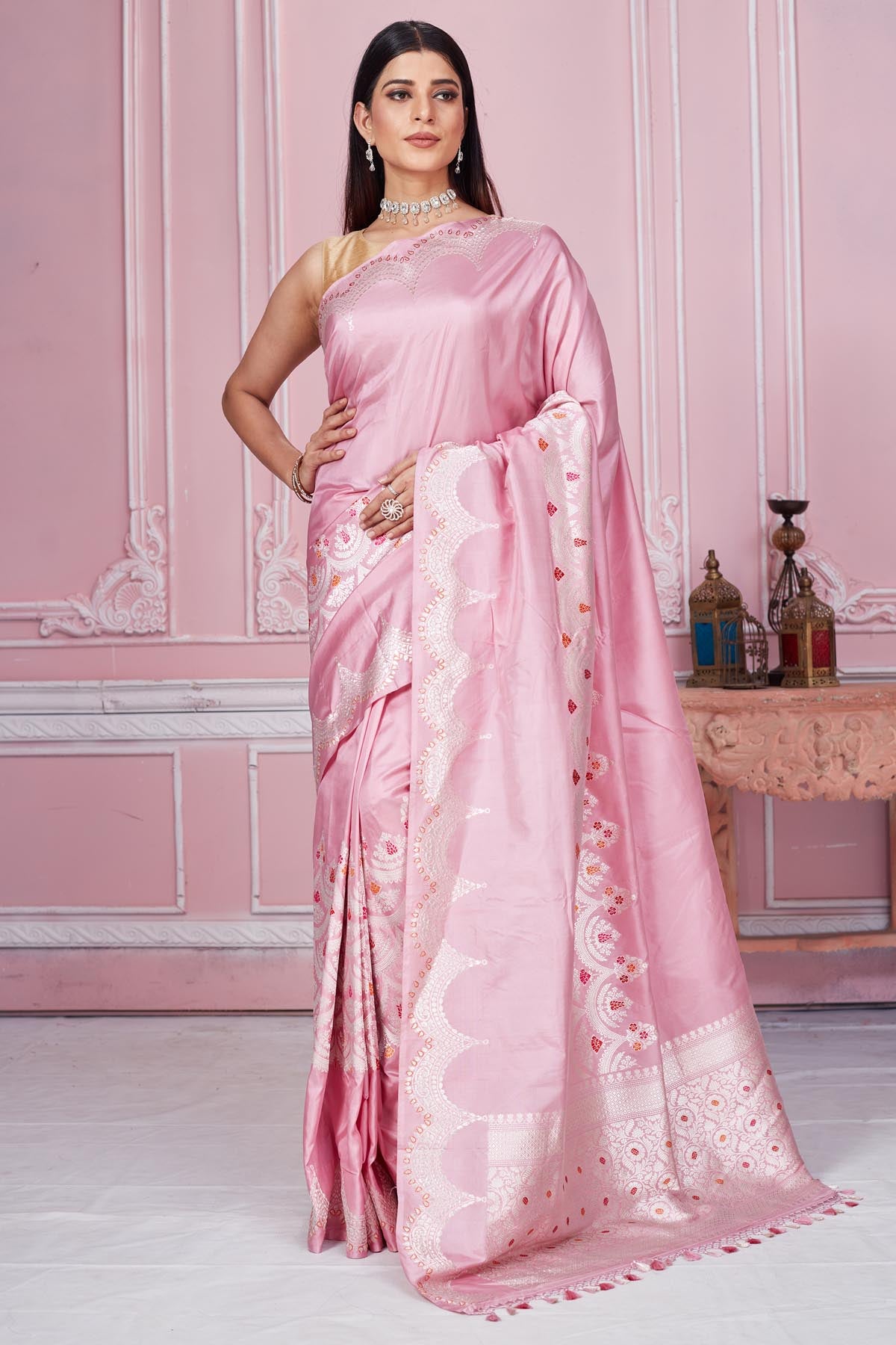 Shop light pink Banarasi sari online in USA with silver zari border. Look your best on festive occasions in latest designer saris, pure silk sarees, Kanjivaram silk sarees, handwoven saris, tussar silk sarees, embroidered saris from Pure Elegance Indian fashion store in USA.-full view