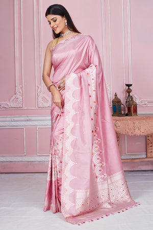 Shop light pink Banarasi sari online in USA with silver zari border. Look your best on festive occasions in latest designer saris, pure silk sarees, Kanjivaram silk sarees, handwoven saris, tussar silk sarees, embroidered saris from Pure Elegance Indian fashion store in USA.-pallu