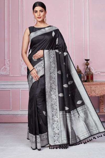 Dark Silver Grey Dual Zari Banarasi Linen Silk Saree For Woman With Intricate Midas Gold And Silver Zari fashion Weaving