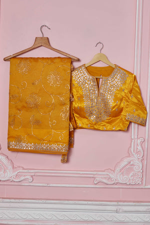 Buy yellow gota patti embroidery organza sari online in USA with blouse. Look your best on festive occasions in latest designer sarees, pure silk sarees, Kanjivaram silk saris, handwoven saris, tussar silk sarees, embroidered saris from Pure Elegance Indian clothing store in USA.-blouse