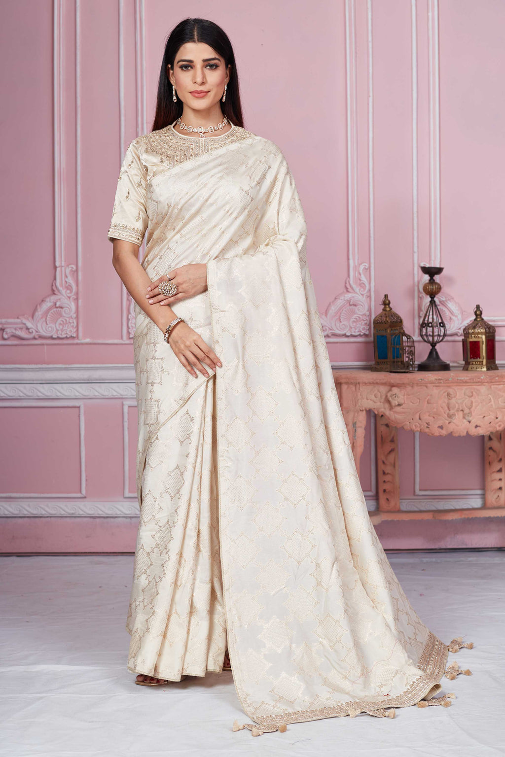 Shop cream embroidered silk sari online in USA with embroidered blouse. Look your best on festive occasions in latest designer sarees, pure silk sarees, Kanjivaram silk saris, handwoven saris, tussar silk sarees, embroidered saris from Pure Elegance Indian clothing store in USA.-full view