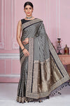 Buy beautiful black and grey stripes Mashru silk sari online in USA with embroidery. Look your best on festive occasions in latest designer sarees, pure silk sarees, Kanjivaram silk saris, handwoven saris, tussar silk sarees, embroidered saris from Pure Elegance Indian clothing store in USA.-full view