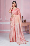 Buy peach embroidered tissue silk sari online in USA with red blouse. Look your best on festive occasions in latest designer sarees, pure silk sarees, Kanjivaram silk saris, handwoven saris, tussar silk sarees, embroidered saris from Pure Elegance Indian clothing store in USA.-full view