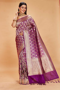 Shop purple katan silk Banarasi sari online in USA with zari work. Look your best on festive occasions in latest designer saris, pure silk sarees, Kanjivaram silk sarees, handwoven saris, tussar silk sarees, embroidered saris from Pure Elegance Indian clothing store in USA.-full view