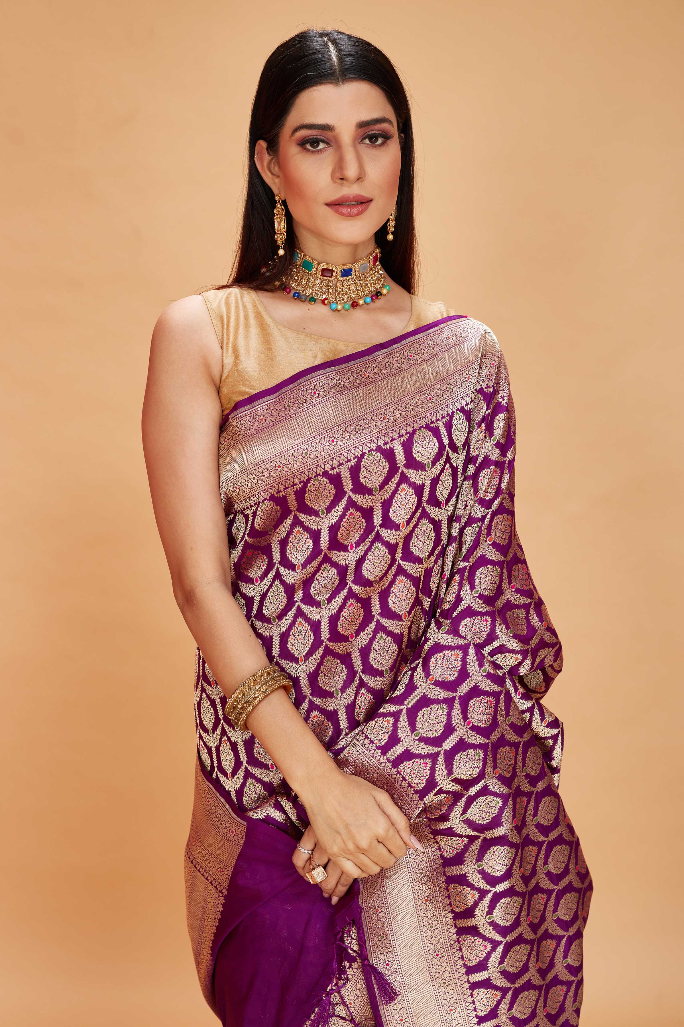 Shop purple katan silk Banarasi sari online in USA with zari work. Look your best on festive occasions in latest designer saris, pure silk sarees, Kanjivaram silk sarees, handwoven saris, tussar silk sarees, embroidered saris from Pure Elegance Indian clothing store in USA.-closeup