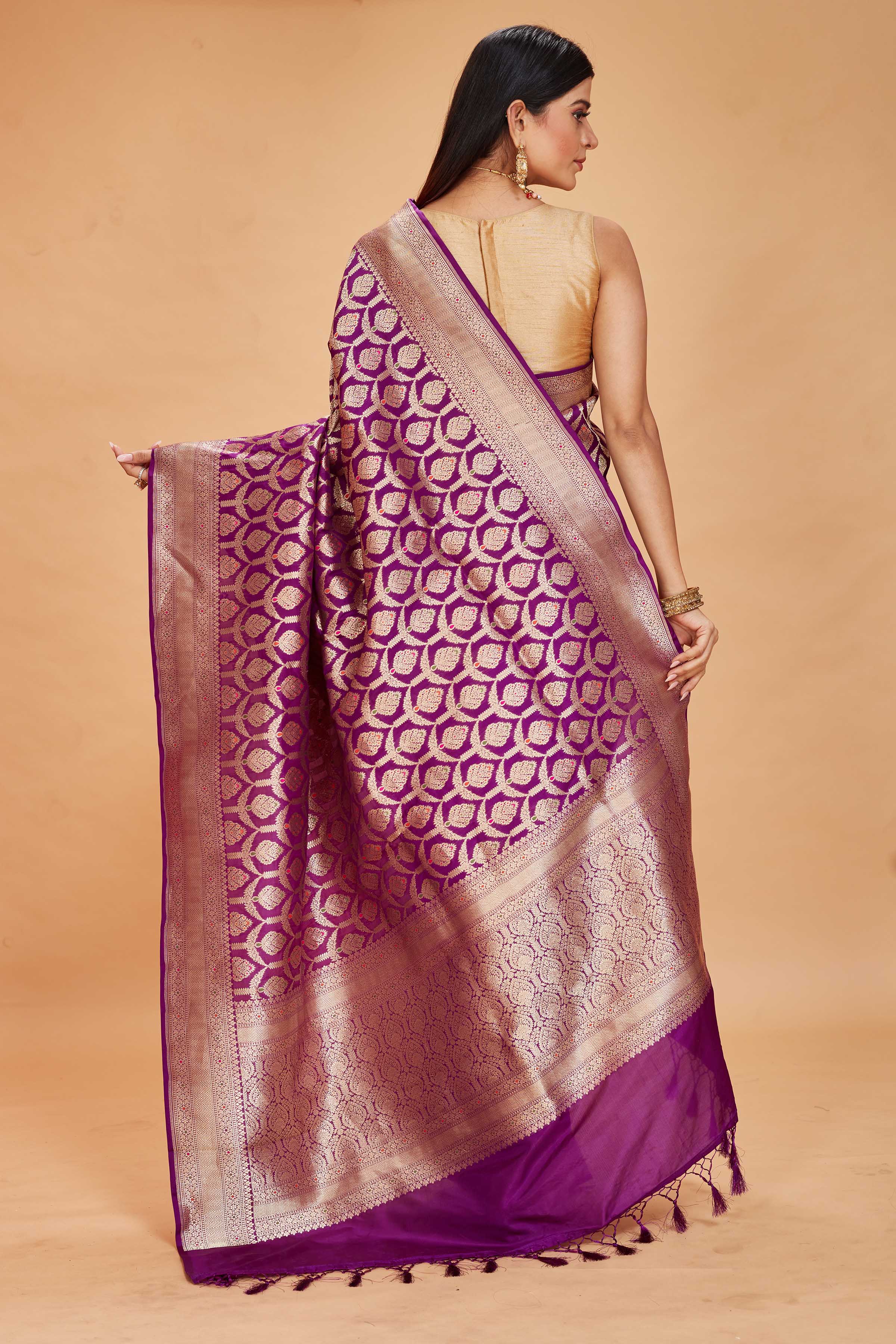 Shop purple katan silk Banarasi sari online in USA with zari work. Look your best on festive occasions in latest designer saris, pure silk sarees, Kanjivaram silk sarees, handwoven saris, tussar silk sarees, embroidered saris from Pure Elegance Indian clothing store in USA.-back