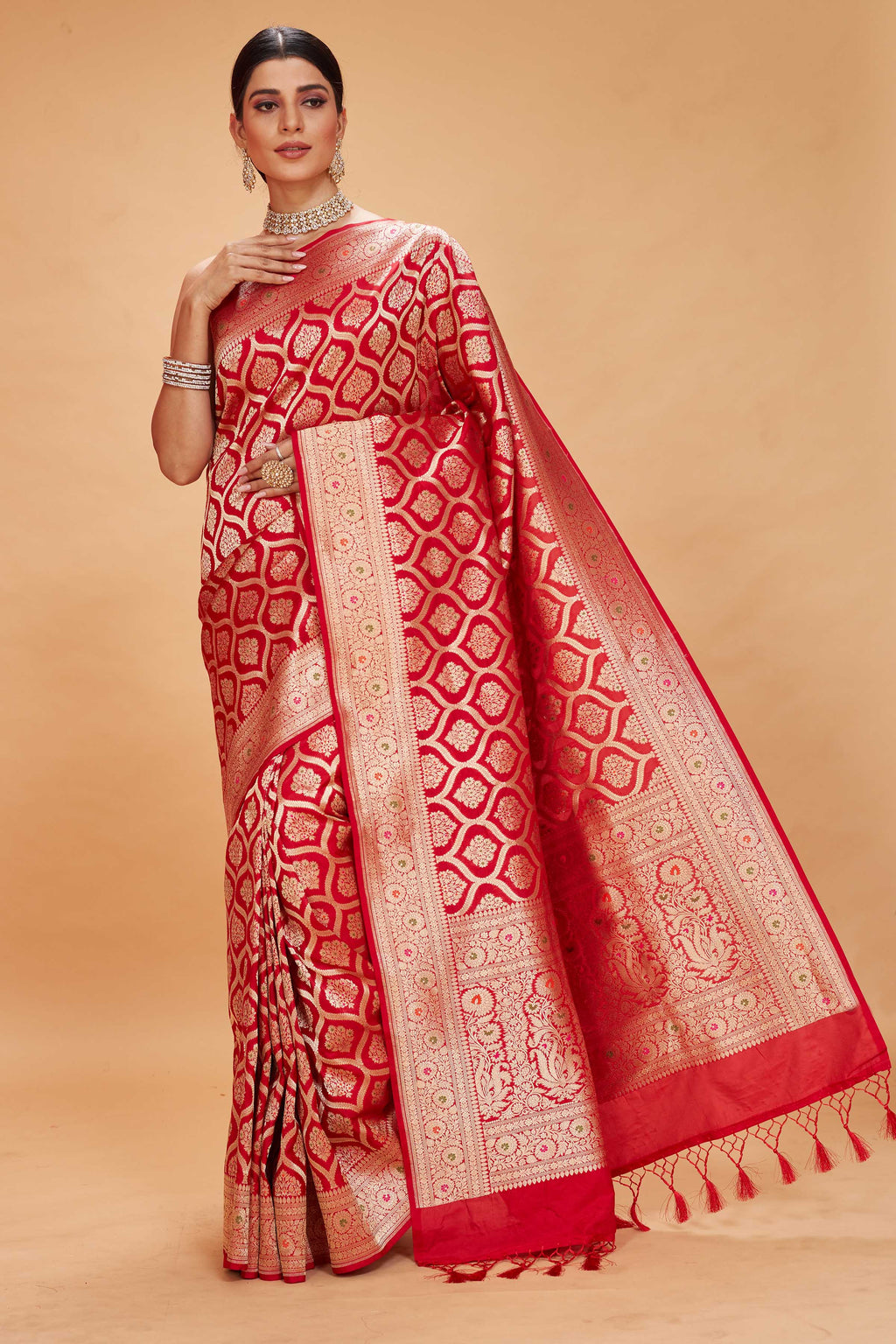 Shop red katan silk Banarasi sari online in USA with zari minakari jaal. Look your best on festive occasions in latest designer saris, pure silk sarees, Kanjivaram silk sarees, handwoven saris, tussar silk sarees, embroidered saris from Pure Elegance Indian clothing store in USA.-full view