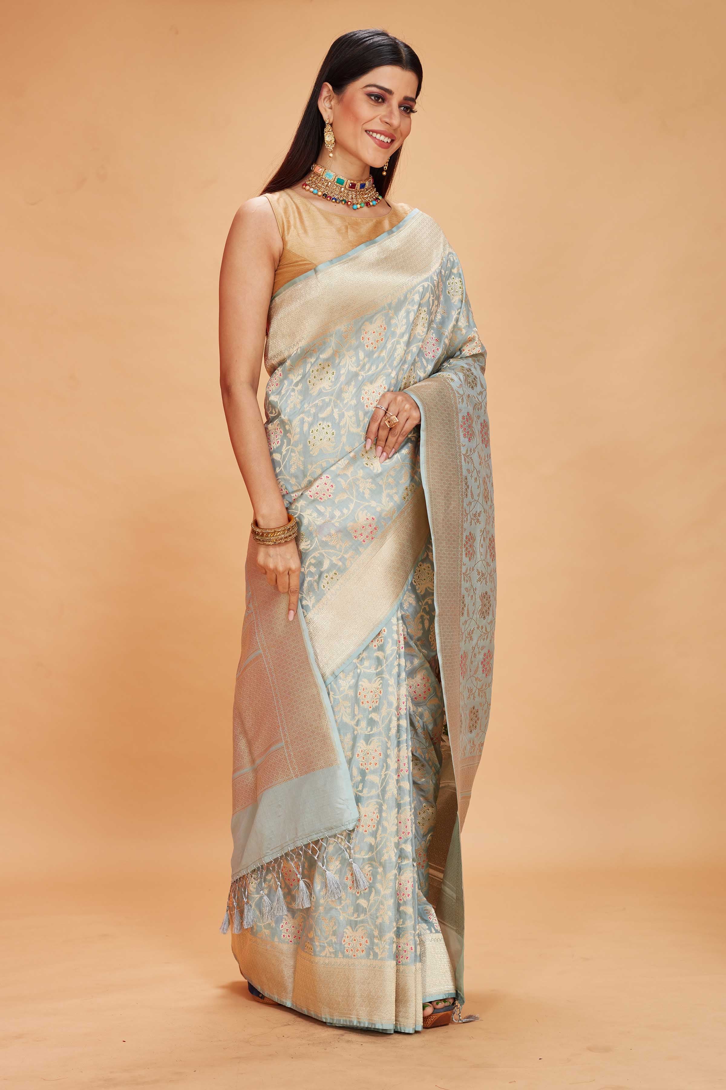 Buy powder blue tussar Banarasi sari online in USA with zari minakari work. Look your best on festive occasions in latest designer saris, pure silk sarees, Kanjivaram silk sarees, handwoven saris, tussar silk sarees, embroidered saris from Pure Elegance Indian clothing store in USA.-side