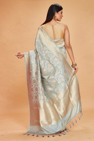 Buy powder blue tussar Banarasi sari online in USA with zari minakari work. Look your best on festive occasions in latest designer saris, pure silk sarees, Kanjivaram silk sarees, handwoven saris, tussar silk sarees, embroidered saris from Pure Elegance Indian clothing store in USA.-back