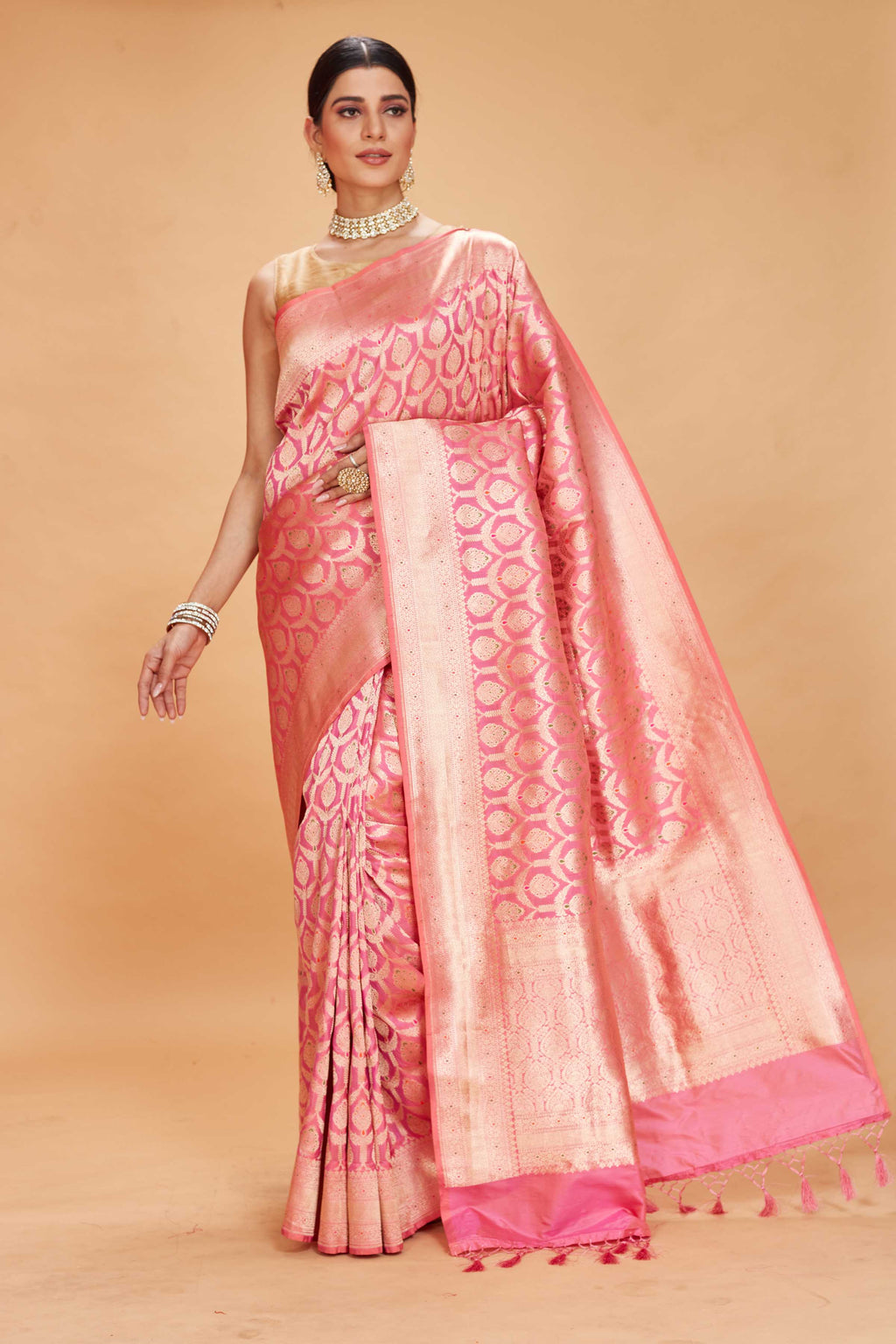 Buy light pink tussar Banarasi sari online in USA with zari minakari work. Look your best on festive occasions in latest designer saris, pure silk sarees, Kanjivaram silk sarees, handwoven saris, tussar silk sarees, embroidered saris from Pure Elegance Indian clothing store in USA.-full view