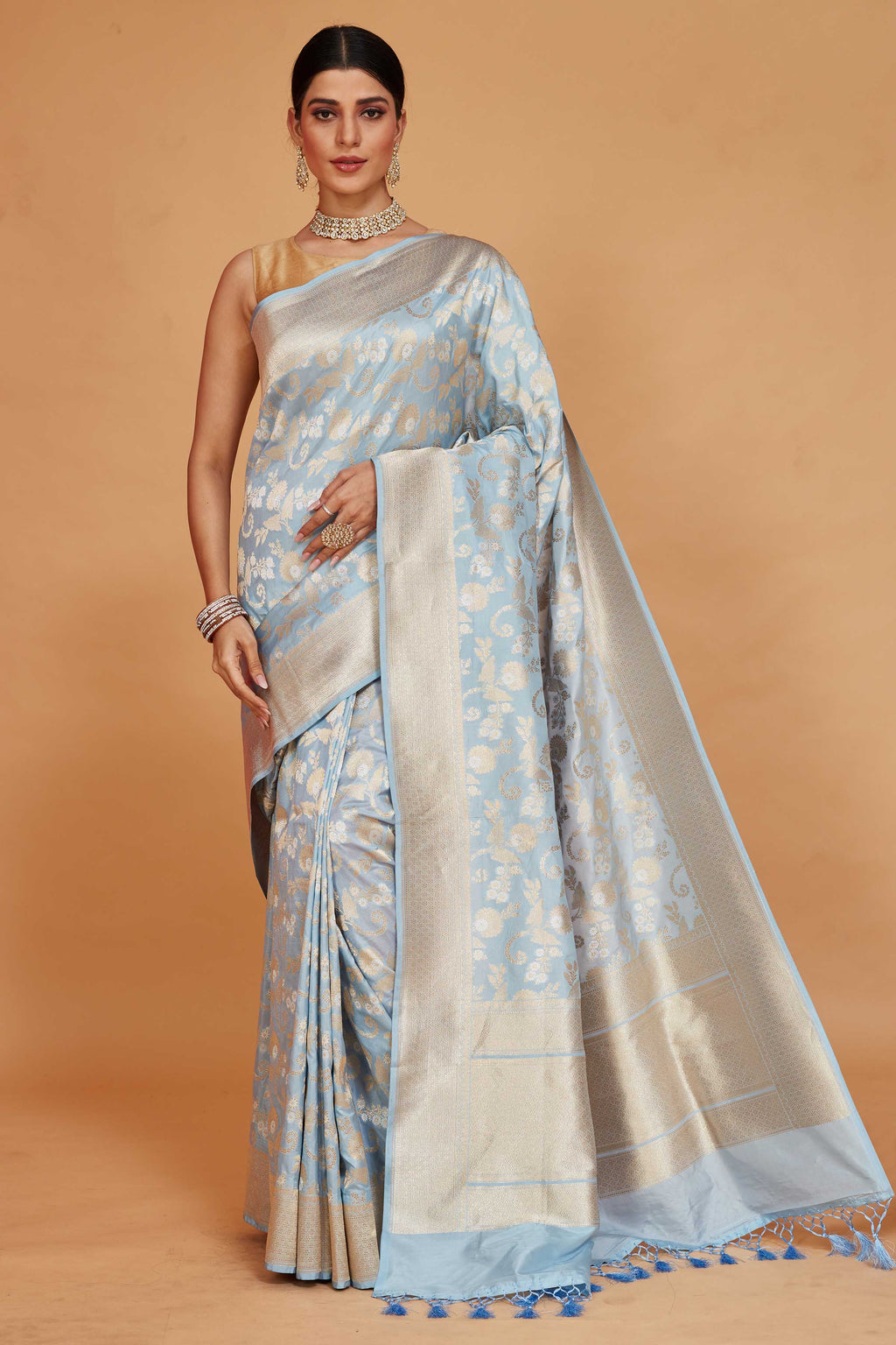 Shop powder blue katan silk Banarasi sari online in USA with zari jaal. Look your best on festive occasions in latest designer saris, pure silk sarees, Kanjivaram silk sarees, handwoven saris, tussar silk sarees, embroidered saris from Pure Elegance Indian clothing store in USA.-full view