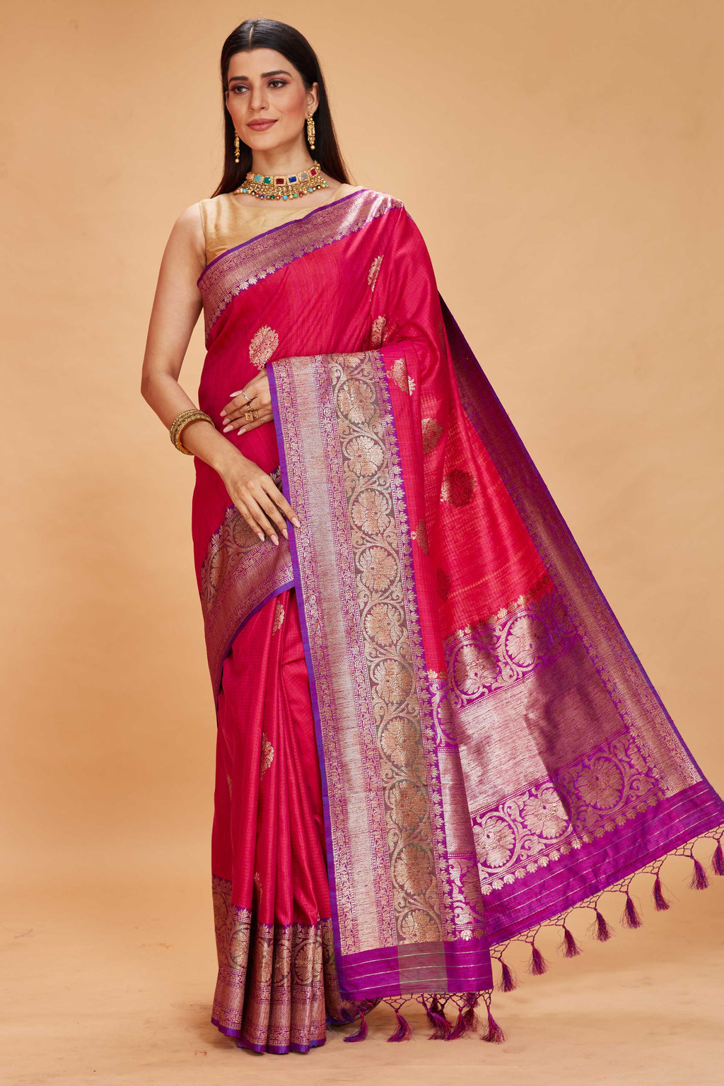 Shop pink tussar Banarasi sari online in USA with purple zari border. Look your best on festive occasions in latest designer saris, pure silk sarees, Kanjivaram silk sarees, handwoven saris, tussar silk sarees, embroidered saris from Pure Elegance Indian clothing store in USA.-full view