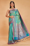 Shop sea green tussar Banarasi sari online in USA with blue zari border. Look your best on festive occasions in latest designer saris, pure silk sarees, Kanjivaram silk sarees, handwoven saris, tussar silk sarees, embroidered saris from Pure Elegance Indian clothing store in USA.-full view