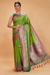 Shop light green tussar Banarasi sari online in USA with pink green zari border. Look your best on festive occasions in latest designer saris, pure silk sarees, Kanjivaram silk sarees, handwoven saris, tussar silk sarees, embroidered saris from Pure Elegance Indian clothing store in USA.-full view