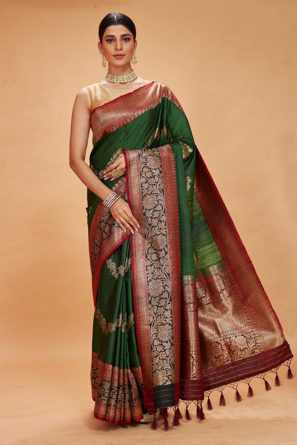 Buy green tussar Banarasi sari online in USA with maroon zari border. Look your best on festive occasions in latest designer saris, pure silk sarees, Kanjivaram silk sarees, handwoven saris, tussar silk sarees, embroidered saris from Pure Elegance Indian clothing store in USA.-full view