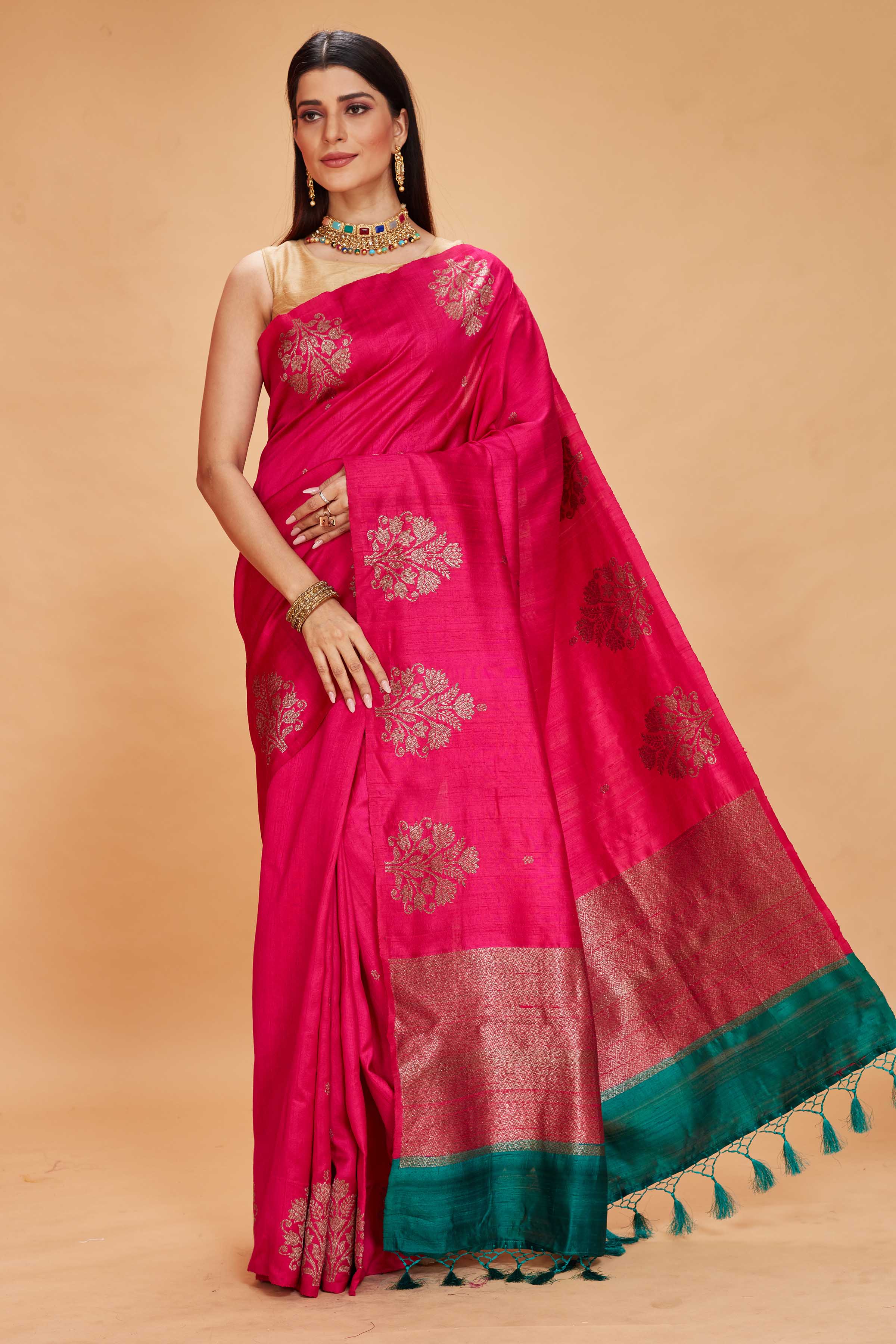  Buy pink tussar Banarasi sari online in USA with floral zari buta. Look your best on festive occasions in latest designer saris, pure silk sarees, Kanjivaram silk sarees, handwoven saris, tussar silk sarees, embroidered saris from Pure Elegance Indian clothing store in USA.-full view